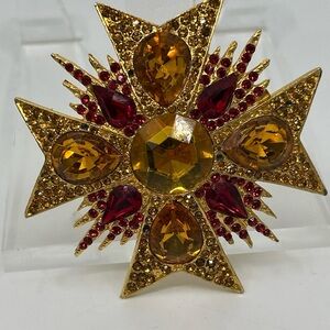 Jay Feinberg Topaz & Red Maltese Cross Brooch Strongwater Swarovski Crystal 3"